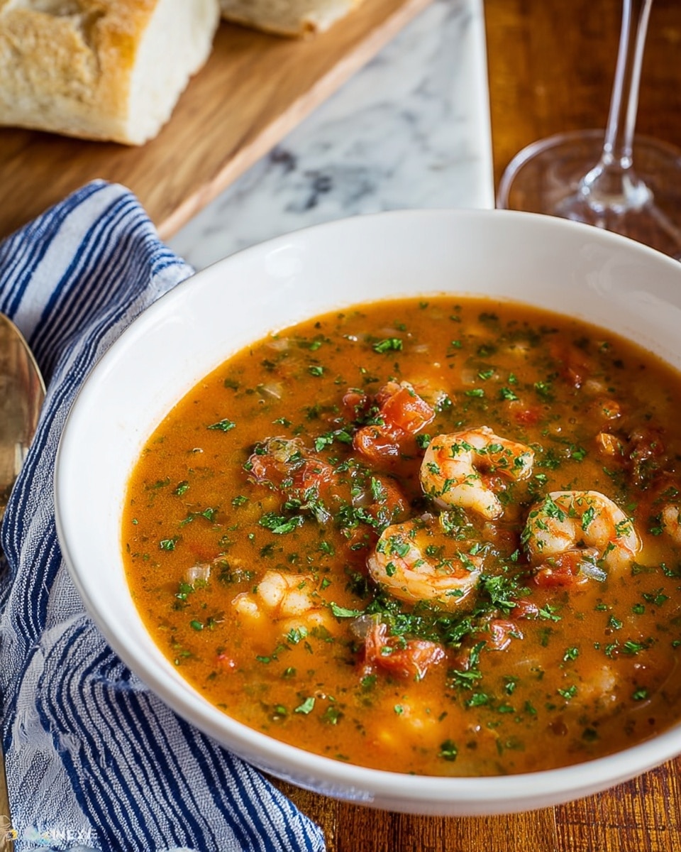 A white bowl filled with a thick, orange-brown soup that has visible pieces of shrimp, small chunks of tomatoes, and herbs mixed throughout. The soup is topped with a sprinkle of fresh chopped green herbs scattered evenly on the surface. The bowl sits on a wooden table with a folded blue and white striped napkin beside it, and a piece of bread resting on a wooden board in the top corner. A partial wine glass is visible on the right side, and the background features a white marbled texture. Photo taken with an iphone --ar 4:5 --v 7