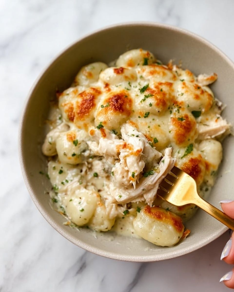 The dish shows a serving of creamy chicken gnocchi in a white bowl with a smooth matte finish. The top layer has browned, melted cheese with a slightly crispy texture and golden-brown spots scattered across the surface. Beneath the cheese, there is a thick, white cream sauce covering soft, plump gnocchi pieces that are round and slightly ridged, mixed with shredded chicken, which is off-white and fibrous. Small green parsley flakes are sprinkled over the dish, adding color contrast. A woman’s hand holds a gold fork that lifts a bite with cream sauce and gnocchi. The bowl is set on a white marbled surface. photo taken with an iphone --ar 4:5 --v 7