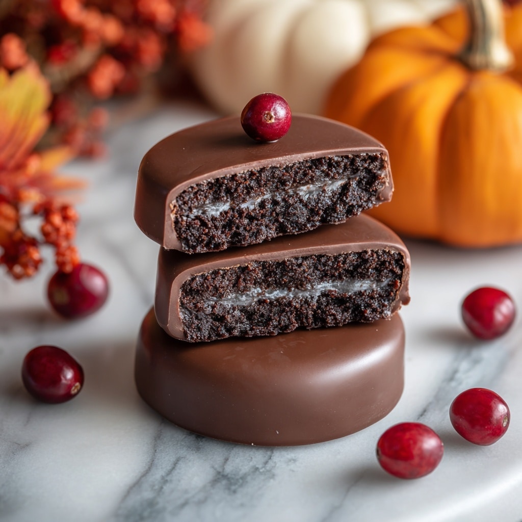 The image shows a round chocolate treat with two main layers: a smooth, shiny milk chocolate outer shell and a thick, dark, moist-looking chocolate filling inside. Two halves of the treat are stacked on top of a whole one, revealing the dark filling sandwiched evenly between the milk chocolate layers. On top of the cut halves, there is a single bright red cranberry as a decoration. The chocolates are placed on a white marbled surface with blurred autumn-colored pumpkins and cranberries in the background, giving a cozy feel. Photo taken with an iphone --ar 4:5 --v 7