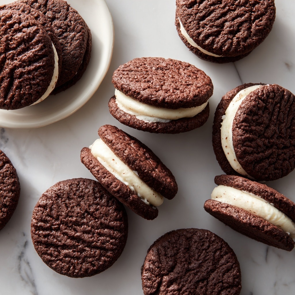 The image shows many sandwich cookies made from two brown, rough-textured chocolate cookies with a light cream filling in the middle. The cookies are arranged loosely on a white marbled surface, with some lying flat and others resting on their sides so you can see the creamy layer clearly. The cream filling is smooth and pale, contrasting with the crispy, crackled outer cookie layers. Near the edge of the image, a white plate holds a small stack of these cookies. The scene feels casual and inviting, with a focus on the rich textures of the chocolate cookies and the soft cream inside. Photo taken with an iphone --ar 4:5 --v 7