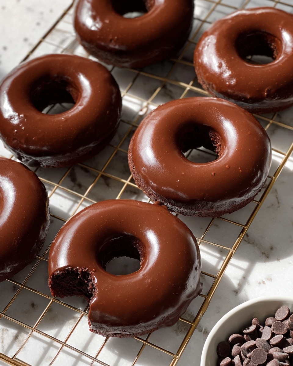 The image shows five doughnuts with a smooth, shiny, dark brown chocolate glaze covering the top surface, creating a glossy finish. Each doughnut has a round shape with a hole in the middle, and one doughnut has a small bite taken from its right edge, revealing a dark, moist-looking cake inside. The doughnuts sit on a metal cooling rack with a white marbled surface underneath. In the bottom right corner, a white bowl filled with small chocolate chips is partly visible. The lighting casts soft shadows, highlighting the glossy texture of the glaze. Photo taken with an iphone --ar 4:5 --v 7