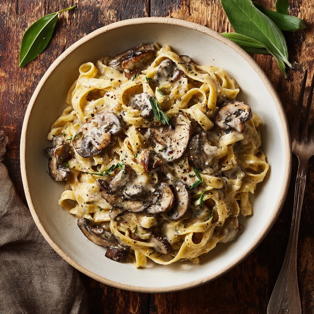 A white shallow bowl filled with pasta topped with a creamy light brown sauce coated evenly on the noodles. There are thin slices of cooked mushrooms scattered throughout the dish. The mushrooms appear tender and slightly darkened from cooking. The pasta and mushrooms are sprinkled with small crushed pieces of black pepper and possibly herbs. The bowl sits on a rustic wooden surface with a few fresh green leaves nearby and a fork to the right side. The overall look is warm and earthy with a soft texture contrast between sauce and mushrooms. photo taken with an iphone --ar 4:5 --v 7