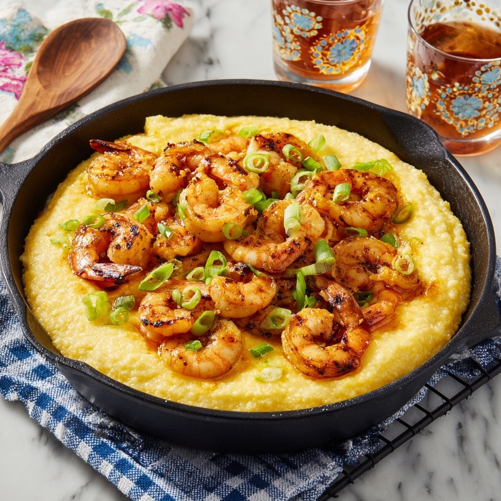 The dish shows a white speckled bowl filled with a creamy, pale yellow base layer that looks smooth and thick, covering the bottom and sides. On top, there is a thick, orange-brown sauce with a glossy texture, studded with several pink-orange shrimp curled up and mixed with round, browned sausage slices. Small bits of green herbs and vegetables are sprinkled throughout the sauce, adding spots of green color. Coarse black pepper and finely chopped fresh green parsley are scattered over the top, giving the dish a fresh and seasoned look. A gold spoon rests inside the bowl, angled to the side. The bowl sits on a light brown striped cloth over a white marbled surface. Photo taken with an iphone --ar 4:5 --v 7