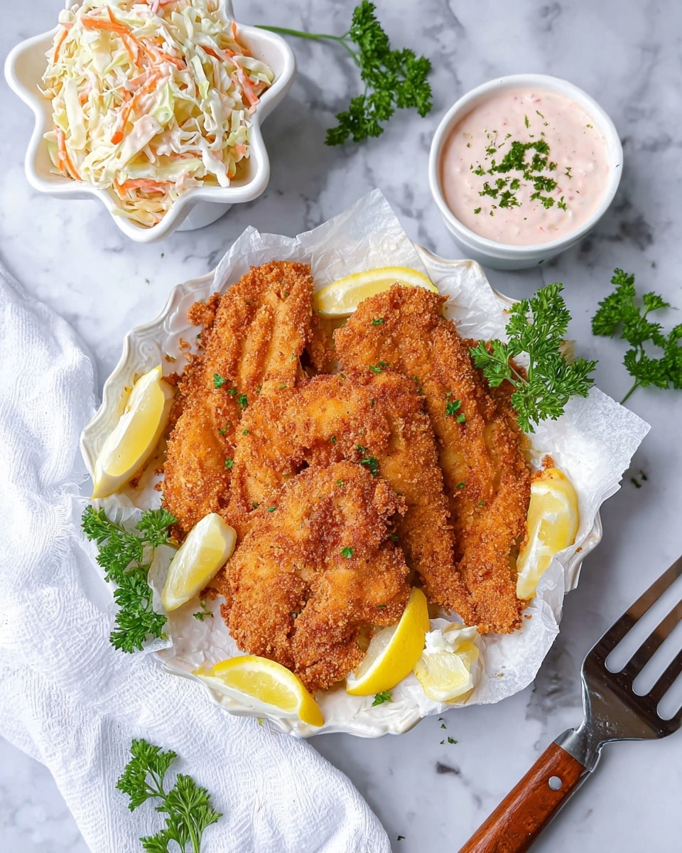 A white plate with a large, golden brown breaded fish fillet resting on it, showing a crunchy texture with small green herb flecks mixed in the coating; a small section is cut and held up on a fork, revealing tender, white fish inside with a dollop of creamy white sauce on top; several lemon wedges with bright yellow skin and pale yellow flesh sit along the top edge of the plate, while a small bunch of fresh, dark green parsley leaves is placed near the fish; the plate is set on a white marbled texture surface. photo taken with an iphone --ar 4:5 --v 7