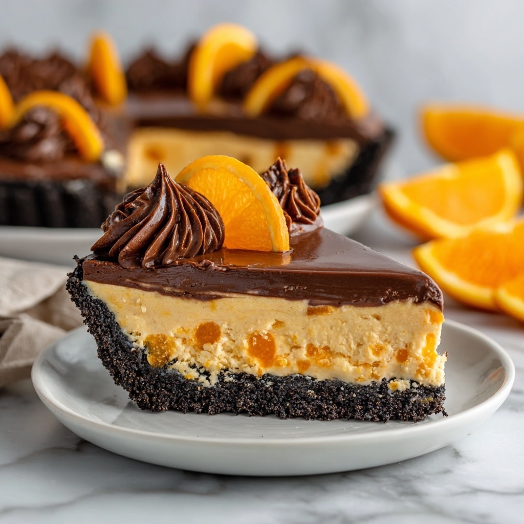 A slice of pie is shown on a white plate with a white marbled surface underneath. The bottom layer is a dark, crumbly crust. Above that is a thick, light orange creamy filling with bright orange pieces embedded inside. The top layer is a smooth, glossy dark chocolate ganache. The slice is decorated on top with small swirls of dark chocolate frosting and a bright orange slice on the center swirl. In the background, the rest of the pie with similar decoration is visible, along with several orange slices to the right. photo taken with an iphone --ar 4:5 --v 7