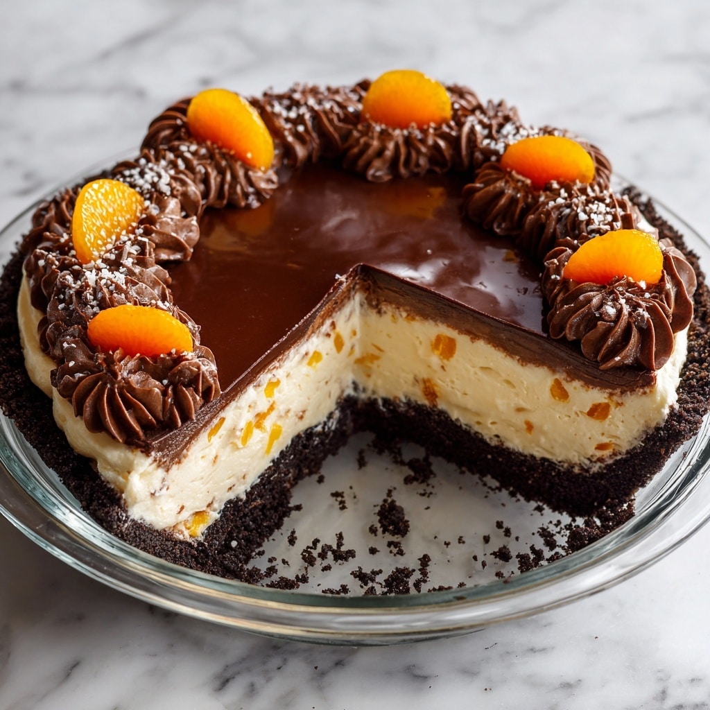 A round pie with three clear layers sits in a glass pie dish on a white marbled surface; the bottom layer is dark, crumbly crust, the middle layer is thick and creamy orange filling with visible small chunks of orange fruit, and the top is a smooth, glossy dark chocolate layer decorated with piped dark chocolate rosettes around the edge and two rosettes each topped with a bright orange fruit segment near the center; the pie has a slice removed, revealing the clean edges of the layers inside, with some crumbs on the white marbled surface. photo taken with an iphone --ar 4:5 --v 7