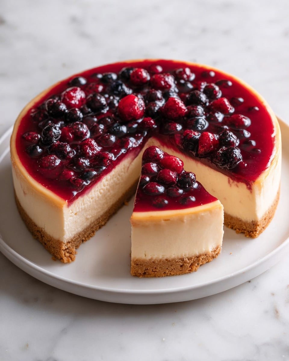 A round cheesecake with three visible layers sits on a white plate on a white marbled surface. The bottom layer is a thin, crumbly golden brown crust. The middle layer is thick, smooth, and creamy in a pale beige color, making up most of the cake's height. The top layer is a shiny, deep red berry glaze with whole mixed berries scattered evenly across it. A single slice is cut and slightly pulled out from the cake, showing all layers clearly. photo taken with an iphone --ar 4:5 --v 7