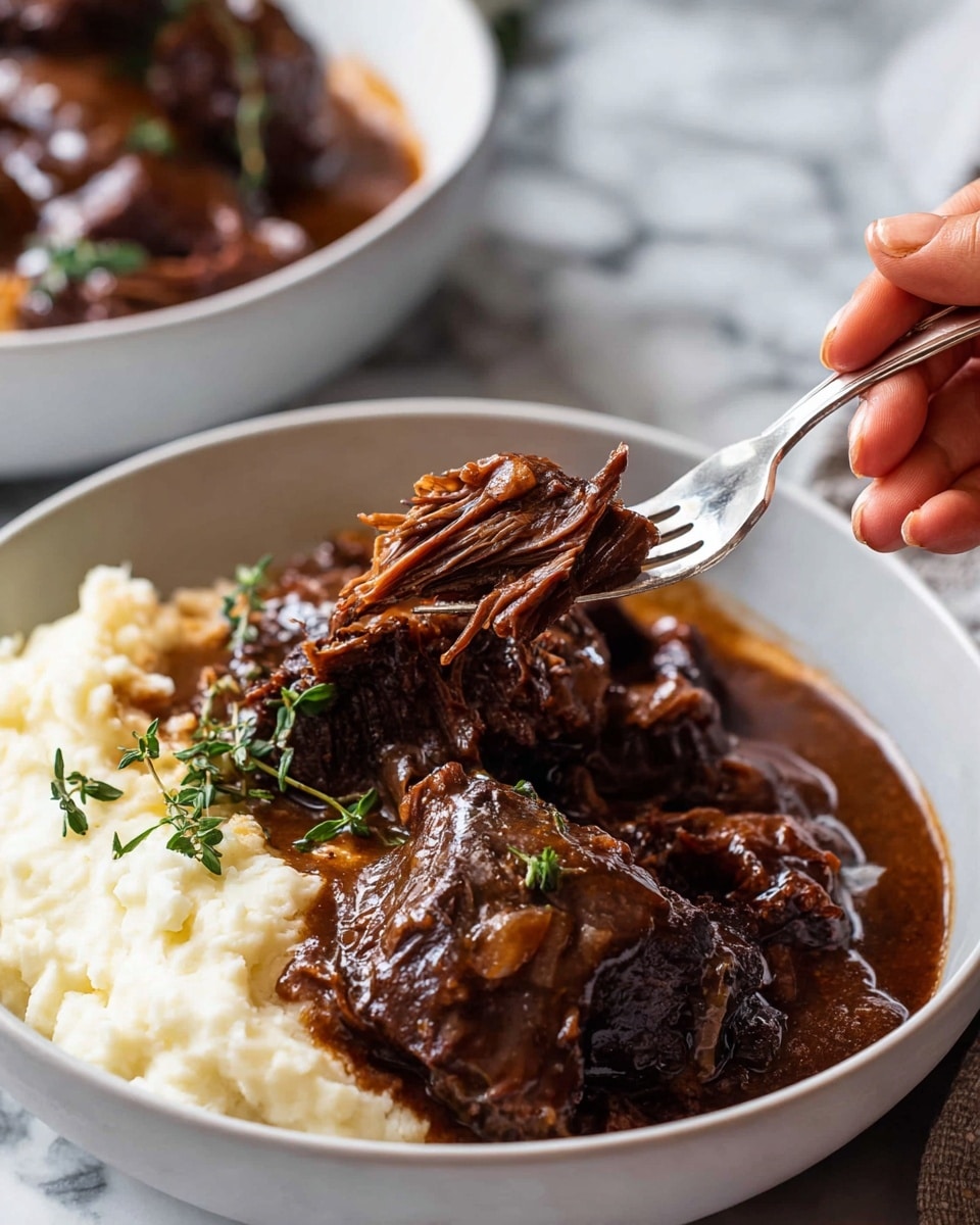 A white bowl filled with two large, dark brown braised beef chunks covered in glossy, rich sauce sits on top of a creamy white mashed potato base with smooth, slightly lumpy texture. The sauce pools around the edges, mixing with the mashed potatoes, and a sprig of fresh green thyme rests on the side of the dish. The bowl is placed on a rustic wooden surface, but the background is changed to a white marbled texture. Photo taken with an iphone --ar 4:5 --v 7