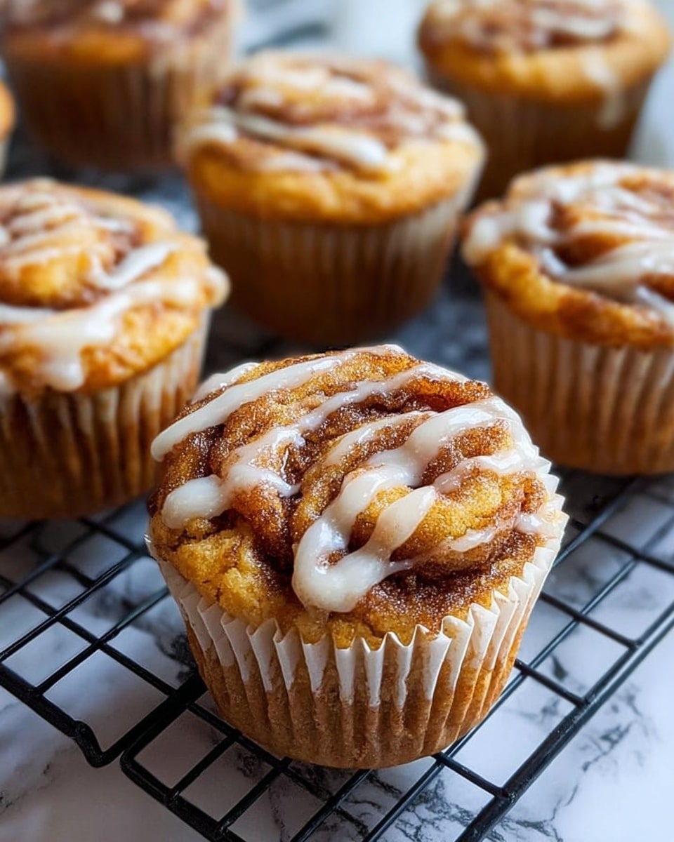 This image shows five cinnamon roll muffins, each in a white paper liner with ridges on the sides. The muffins have a golden-brown color with a textured swirl pattern on top, covered with a light drizzle of white icing that contrasts with the darker cinnamon sugar sprinkle layer. The muffins are arranged on a black wire cooling rack, set against a white marbled surface that softly reflects light, creating a warm and inviting scene. The focus is on the front muffin, making the details of the cinnamon sugar and icing clear and prominent, while the other muffins blur slightly in the background. photo taken with an iphone --ar 4:5 --v 7