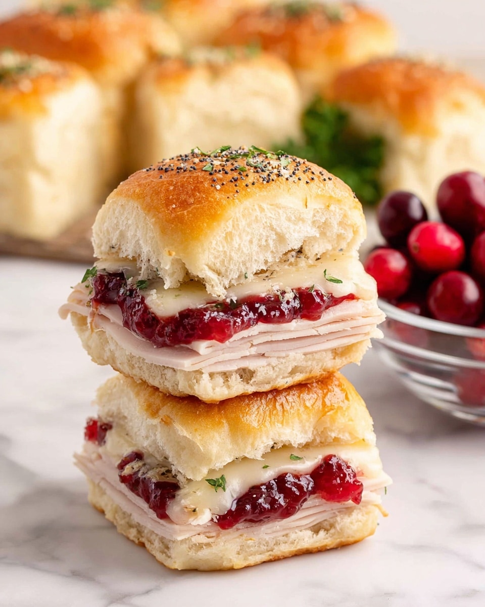 A close-up image of two stacked small sandwiches with three visible layers: the bottom layer is a soft, golden-brown sandwich bun with a light, fluffy texture; the middle layer consists of thin, pale turkey slices followed by a layer of bright red, glossy cranberry sauce; the top layer contains melted white cheese spreading slightly over the cranberry sauce, all topped with the upper bun sprinkled with black poppy seeds and small bits of green herbs. The background shows more sliders on a white marbled surface and a clear glass bowl filled with fresh red cranberries on the right side. Photo taken with an iphone --ar 4:5 --v 7