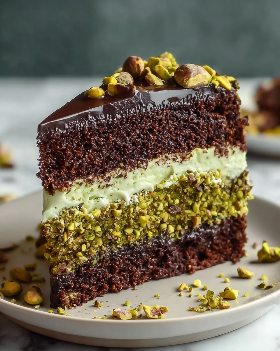 A tall, round chocolate cake with smooth, dark brown frosting featuring vertical textured lines on the sides and a spiral pattern on the top layer. Around the edge of the top layer, there is a ring of finely chopped green pistachios that add a pop of color and texture. The cake sits on a white plate with small brown speckles, placed on a beige checkered cloth over a white marbled surface. Nearby, a small white scalloped bowl holds more chopped pistachios with a wooden spoon resting inside. In the background, there is a white pot with a green plant. photo taken with an iphone --ar 4:5 --v 7
