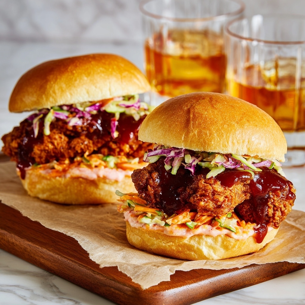 Four fried chicken sandwiches are shown on crumpled brown paper over a wooden board on a white marbled texture surface. Each sandwich has three clear layers: a top light brown soft bun, a middle crispy fried chicken piece coated in a dark red sticky barbecue sauce, and a bottom layer of bright orange coleslaw with green bits adding freshness. Beneath the chicken, pale pink sauce is seen oozing out. In the background, there are two glasses filled with a golden amber drink. The photo taken with an iphone --ar 4:5 --v 7