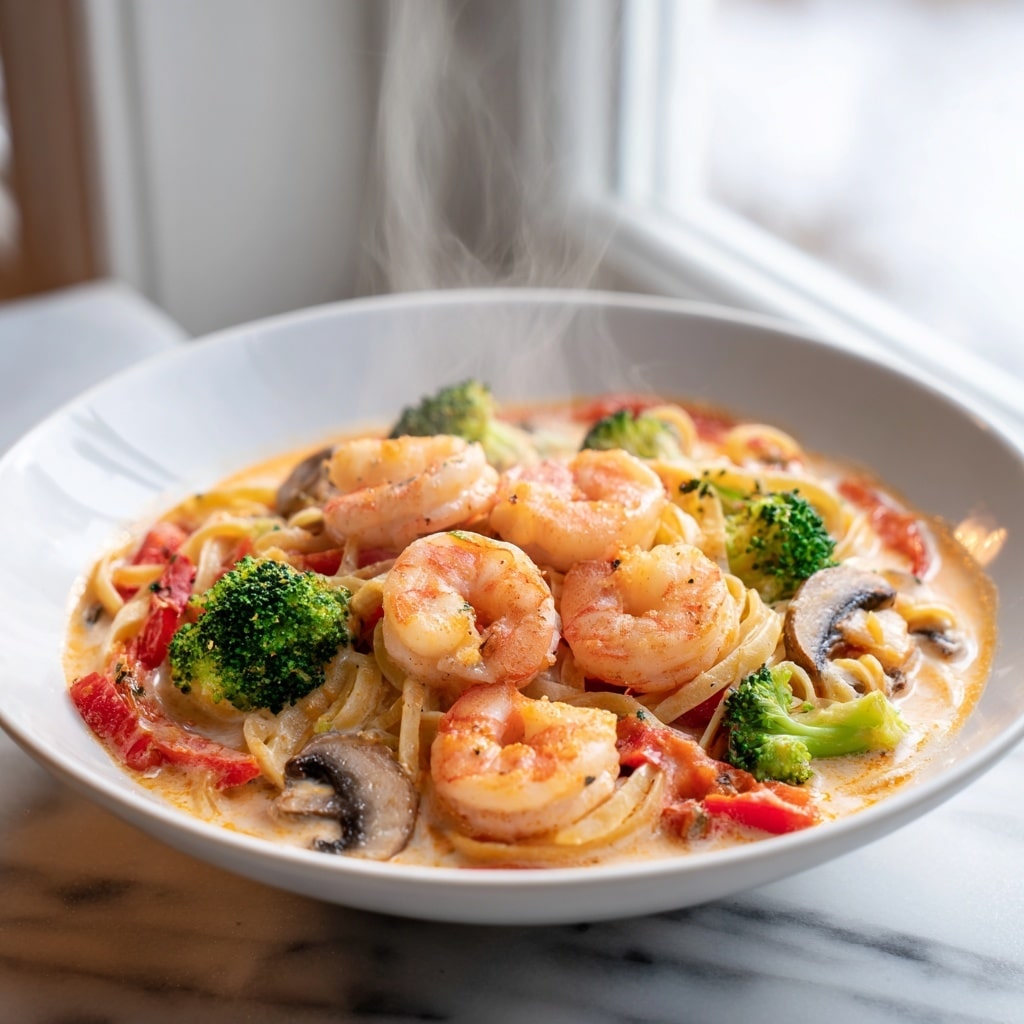 A white bowl filled with spaghetti pasta coated in a light orange sauce, mixed with pink cooked shrimp on top, soft brown mushroom slices, and bright red bell pepper pieces. The dish is sprinkled with small green parsley leaves and white grated cheese, all set on a white marbled surface with a lemon wedge visible at the edge. photo taken with an iphone --ar 4:5 --v 7