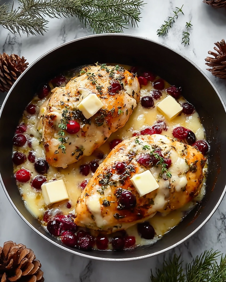 A black round pan contains two cooked chicken breasts with a golden-brown crust on top. Each piece is covered with melted white cheese and scattered with small red cranberries and green thyme sprigs. Small cubes of butter are also visible on top, melting slightly into the creamy sauce around the chicken. The pan is placed on a white marbled surface with pine cones and small green pine branches around for decoration. Photo taken with an iphone --ar 4:5 --v 7