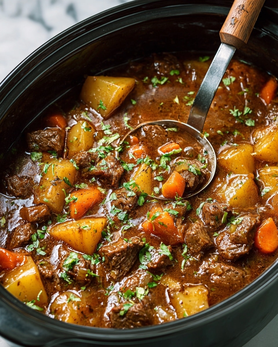 A close-up view of a dark pot filled with thick beef stew showing chunky pieces of browned beef, large yellowish potato cubes, and bright orange carrot slices, all immersed in a rich, glossy brown sauce mixed with bits of onions and celery. The stew is sprinkled with fresh green herbs on top, adding a pop of color. A metal ladle with a wooden handle rests in the stew, partially submerged and slightly tilted, ready to serve. The pot sits on a white marbled surface. Photo taken with an iphone --ar 4:5 --v 7