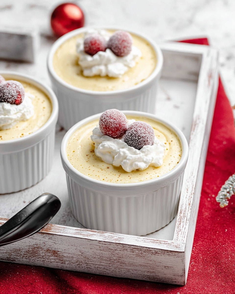 Three white ramekins sit on a white wooden tray with a rustic look on a white marbled surface. Each ramekin is filled with a smooth, light yellow creamy pudding that almost reaches the rim. On top of each pudding, there is a small dollop of white whipped cream, and two frosted, red berries rest on the whipped cream. The pudding shows a slight glossy texture with tiny specks of brown, scattered lightly over the surface. In the foreground, a black utensil handle is partially visible, and a red cloth lies beneath the tray on the right side. The overall scene is bright and clean with soft natural lighting. photo taken with an iphone --ar 4:5 --v 7