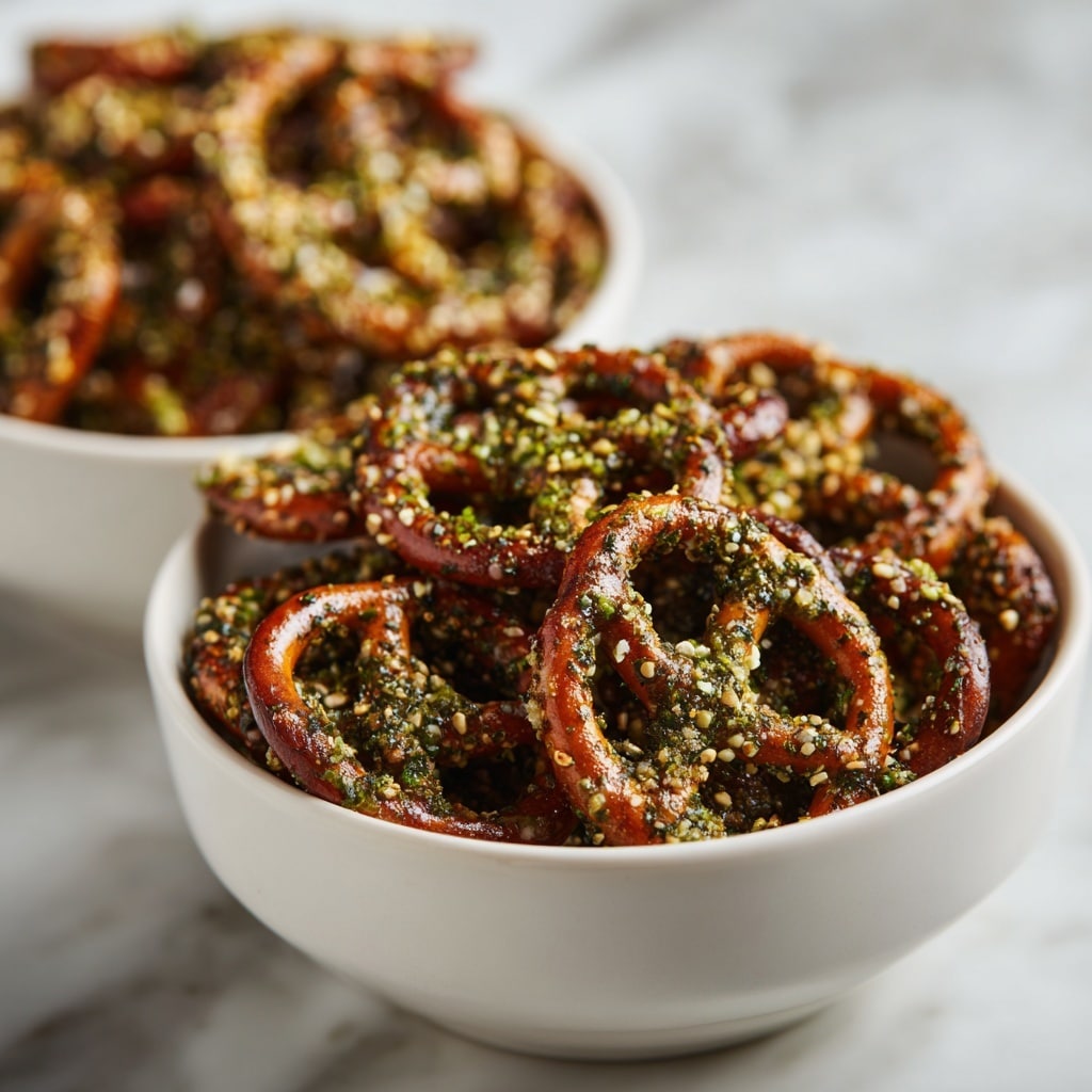 A close-up view of a white bowl filled with small pretzels covered in a greenish herb and seed mixture, making them look crunchy and flavorful. The pretzels are twisted and shiny with a reddish-brown color, and the herb coating is spread unevenly around the surface, showing a mix of textures from coarse seeds to finely chopped herbs. The bowl sits on a white marbled texture, with the background softly blurred to keep all focus on the snack. photo taken with an iphone --ar 4:5 --v 7