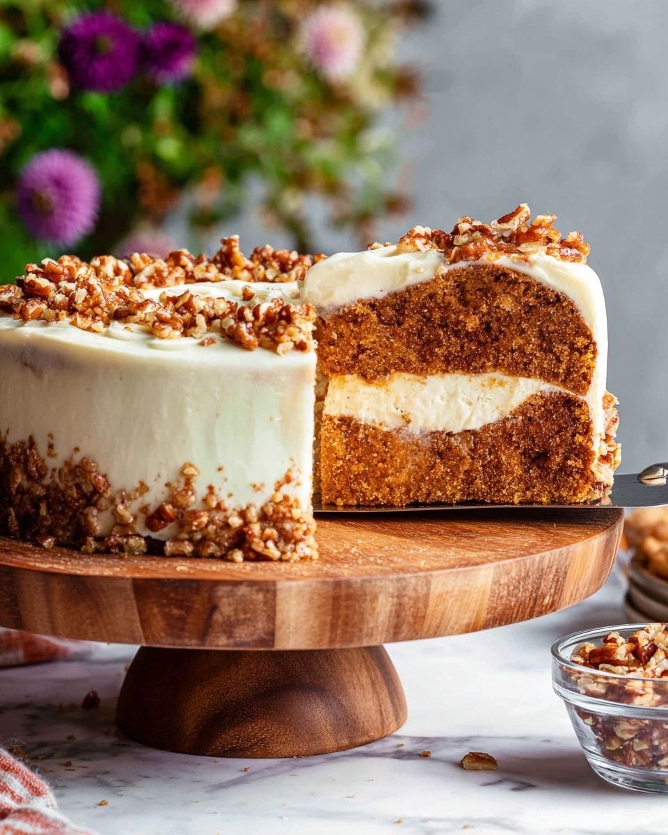 A slice of three-layer cake sits on a white plate placed on a white marbled surface, with two other slices and forks blurred in the background. The bottom layer is a dense, brown cake with visible small orange specks. The middle layer is a creamy, pale yellow cheesecake filling that sits thick and smooth above the cake layer. The top layer is a glossy, white frosting spread evenly and topped with a crunchy sprinkle of chopped nuts concentrated along the edge. The sides show a clear division of the layers, giving a tasty and rich look. Photo taken with an iphone --ar 4:5 --v 7