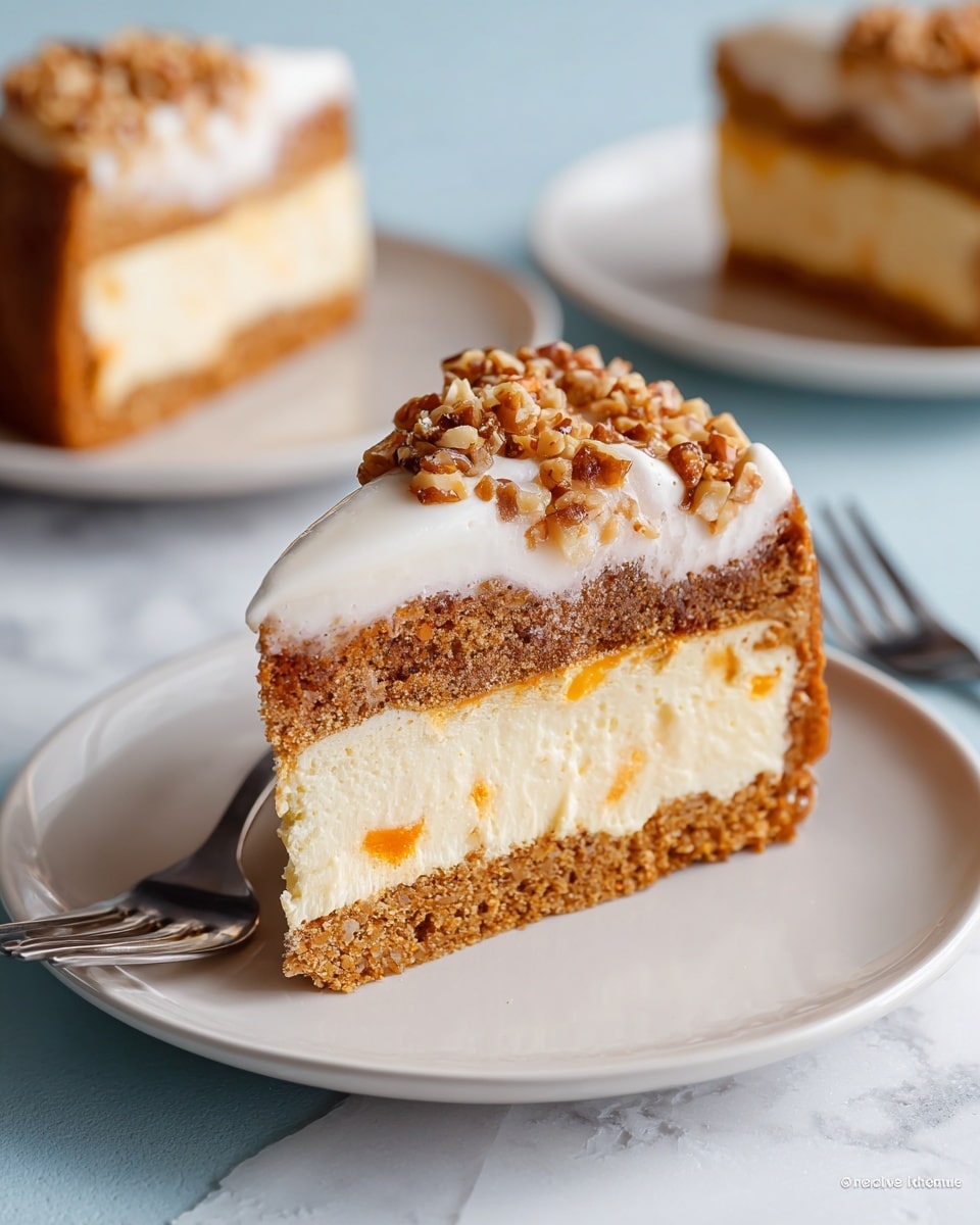 The image shows a thick round cake with three clear layers on a wooden cake stand; the bottom and middle layers are light brown with a soft, crumbly texture, and a thick white creamy layer sits between them; the top layer is a smooth white frosting spread evenly; the cake is topped with small clusters of crunchy brown nuts scattered around the edge; a slice of cake is being lifted with a silver cake server, showing the inside layers clearly; the setup is on a white marbled surface with a blurred background of green and purple flowers visible at the top left and a glass bowl of nuts at the front right; photo taken with an iphone --ar 4:5 --v 7