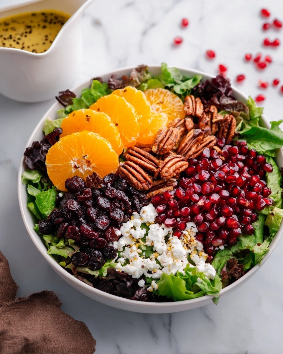 A white bowl filled with a salad arranged in layers on a bed of mixed green and dark purple lettuce leaves. On top, there are bright orange slices stacked in the center, juicy red pomegranate seeds densely packed to the right, a cluster of dark brown glazed pecans next to the pomegranate, softened white crumbled cheese below the pecans, and a pile of dried dark red cranberries next to the cheese. The salad ingredients contrast nicely against the green leaves underneath. Scattered around the bowl are a few stray pomegranate seeds. The bowl sits on a white marbled surface. Nearby, there is a white pitcher with a mustard-colored dressing that has visible black seeds. photo taken with an iphone --ar 4:5 --v 7