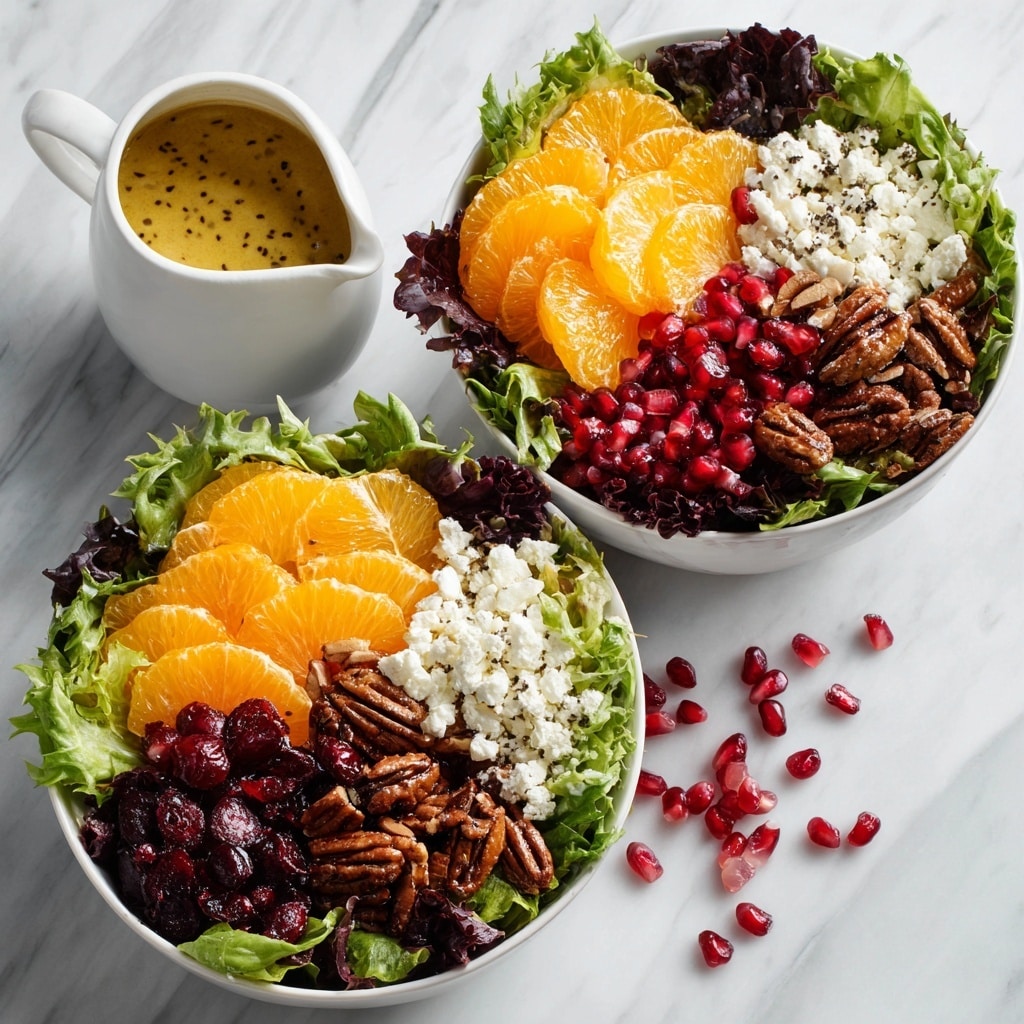 A white speckled bowl filled with a colorful salad is placed on a white marbled surface. The bottom layer is a mix of green and dark purple leafy lettuce, topped with a layer of light beige quinoa spread evenly across the greens. On top of the quinoa, bright orange mandarin slices are neatly arranged in the center. Bright red pomegranate seeds are scattered throughout the salad, adding pops of color. A creamy white dressing is artistically drizzled over the mandarin slices and surrounding ingredients, creating a visually appealing contrast. Small bits of purple onion and green herb leaves are mixed into the salad, giving it additional texture and color. Photo taken with an iphone --ar 4:5 --v 7