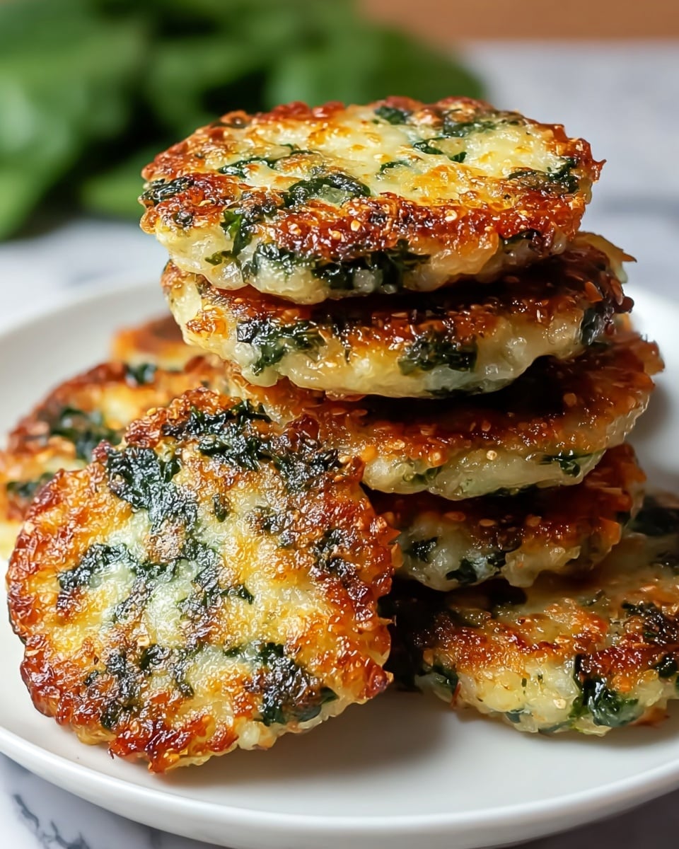 The image shows a stack of five round, golden-brown crispy patties with irregular edges on a white plate. Each patty has a textured surface with melted cheese that appears bubbly and slightly browned, mixed with green bits of spinach evenly spread throughout. The patties have a glistening oily shine indicating they are freshly cooked. The background features blurred green spinach leaves over a white marbled texture. photo taken with an iphone --ar 4:5 --v 7