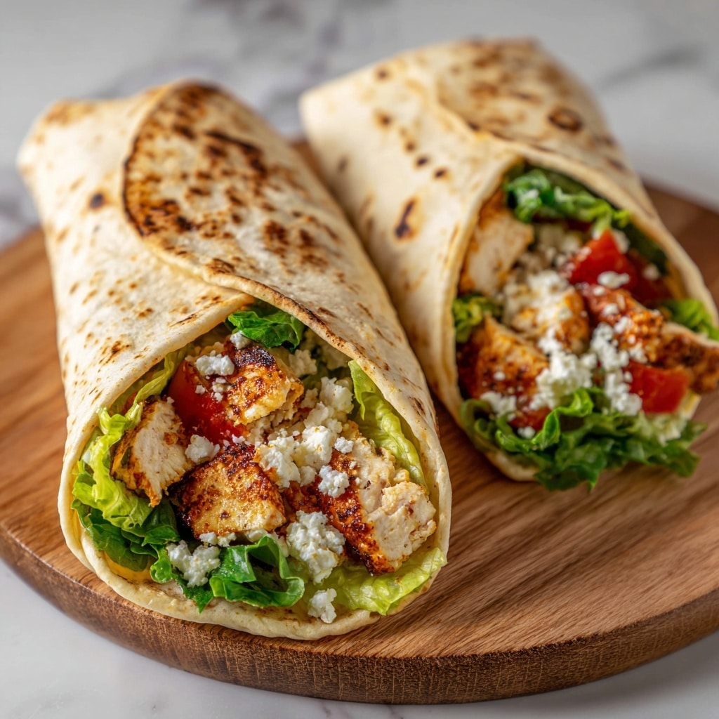 The image shows two flat round pieces of lightly browned naan bread as the base, each topped with shredded grilled chicken that has a golden, slightly charred texture. On top of the chicken is a creamy white sauce with a rich, thick texture, sprinkled with small white crumbles of cheese and fresh green dill. One naan has sliced red onions and bright red tomato wedges arranged in a small pile on the side. Around the plate, there are three yellow lemon wedges, and a small cluster of thick cucumber slices garnished with herb flakes. A small glass bowl filled with a creamy white herb sauce sits on the side, all on a white plate over a white marbled surface. photo taken with an iphone --ar 4:5 --v 7