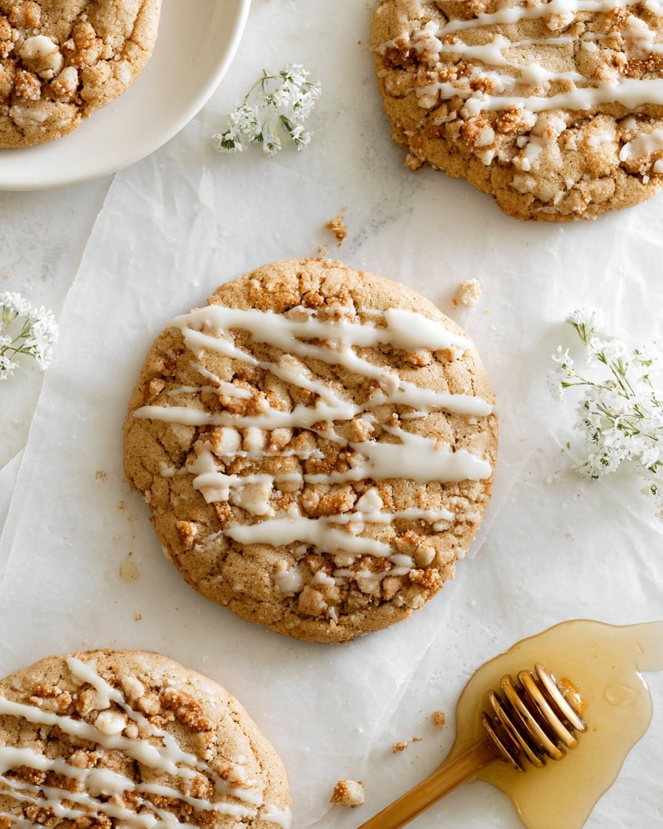 A stack of four round cookies with a light golden-brown color sits on a small white dish, each cookie topped with rough crumbles and drizzled with thin white icing. Around the stack, four similar cookies lie flat on a white marbled surface, also decorated with crumbles and white icing lines. To the side, a vintage spoon with a dark handle holds some white icing. In the background, soft green leaves and a clear glass bowl with more icing add a fresh look to the scene. photo taken with an iphone --ar 4:5 --v 7