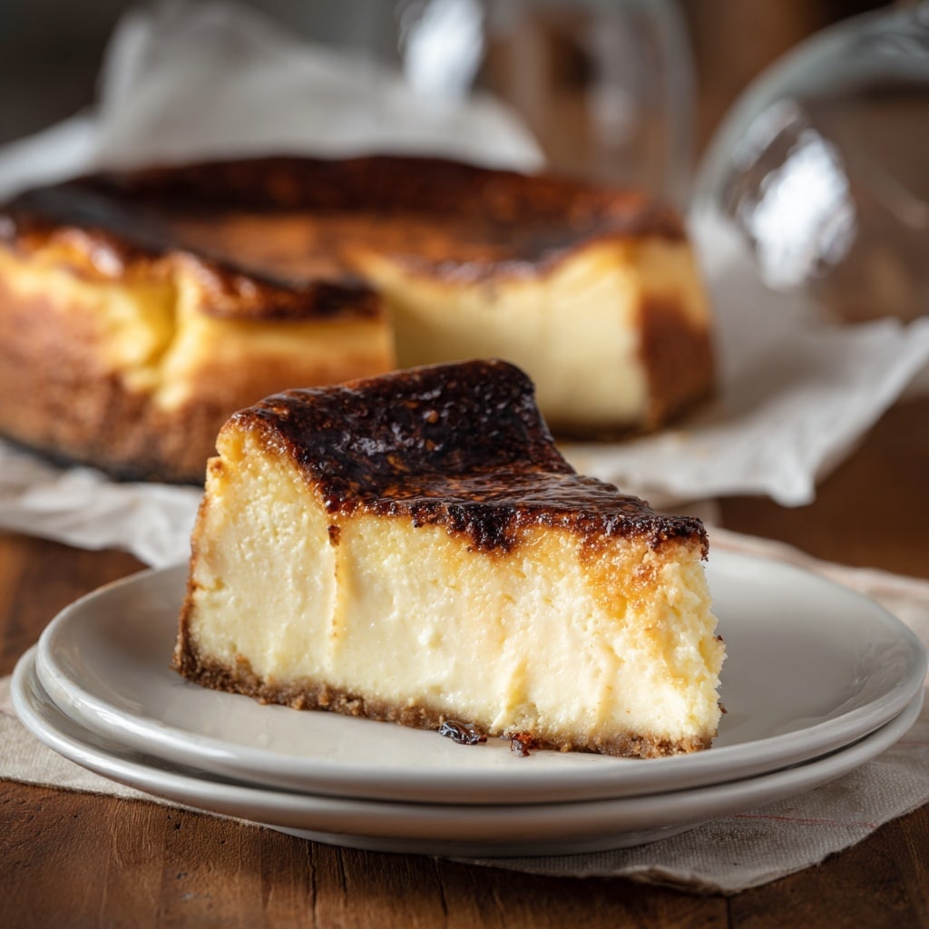 This is a close-up of a round baked cheesecake with a dark brown, slightly glossy top layer showing some cracks. The cheesecake has been cut into multiple slices, with one slice slightly pulled out, revealing a thick creamy white middle layer that looks soft and smooth. The sides of the cheesecake are golden brown with darker burnt edges and bits of crumb stuck on the outer edges. The cheesecake sits on a piece of crumpled parchment paper on a white marbled texture surface, with a dark gray cloth draped loosely in the background. Photo taken with an iphone --ar 4:5 --v 7