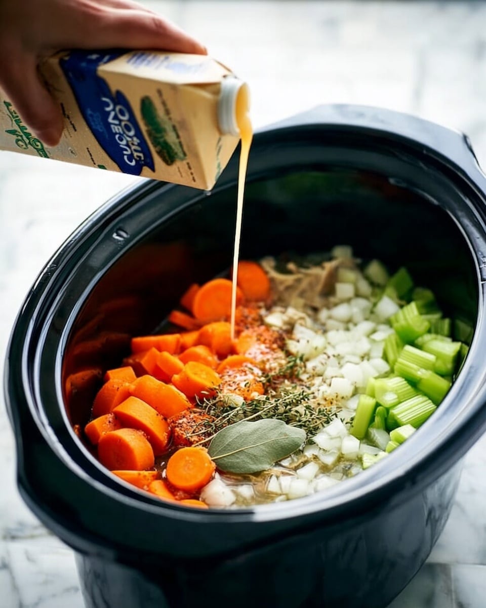 A close-up photo shows a black slow cooker filled with several layers of ingredients: a base layer of chopped white onions, bright orange carrot slices, and green celery pieces. There are also visible bay leaves and sprinkled herbs and spices on top. A woman's hand is pouring light beige chicken broth from a carton into the slow cooker. The slow cooker is placed on a white marbled surface. photo taken with an iphone --ar 4:5 --v 7