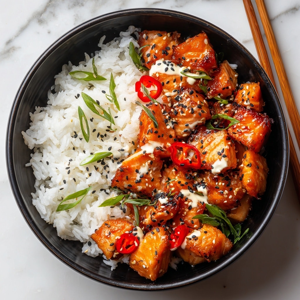 A black bowl holds a serving of white rice as the bottom layer, fluffy and slightly separated with small green onion pieces scattered on top. On one side of the rice, there is a layer of golden-brown fried chicken pieces coated in a shiny orange glaze, garnished with black and white sesame seeds and slices of red chili pepper. A creamy, pale orange sauce with bits of red chili is drizzled over the chicken, giving it a rich texture. Thin, fresh green onion slices are sprinkled on top for freshness. Wooden chopsticks rest on the edge of the bowl against a white marbled surface. photo taken with an iphone --ar 4:5 --v 7