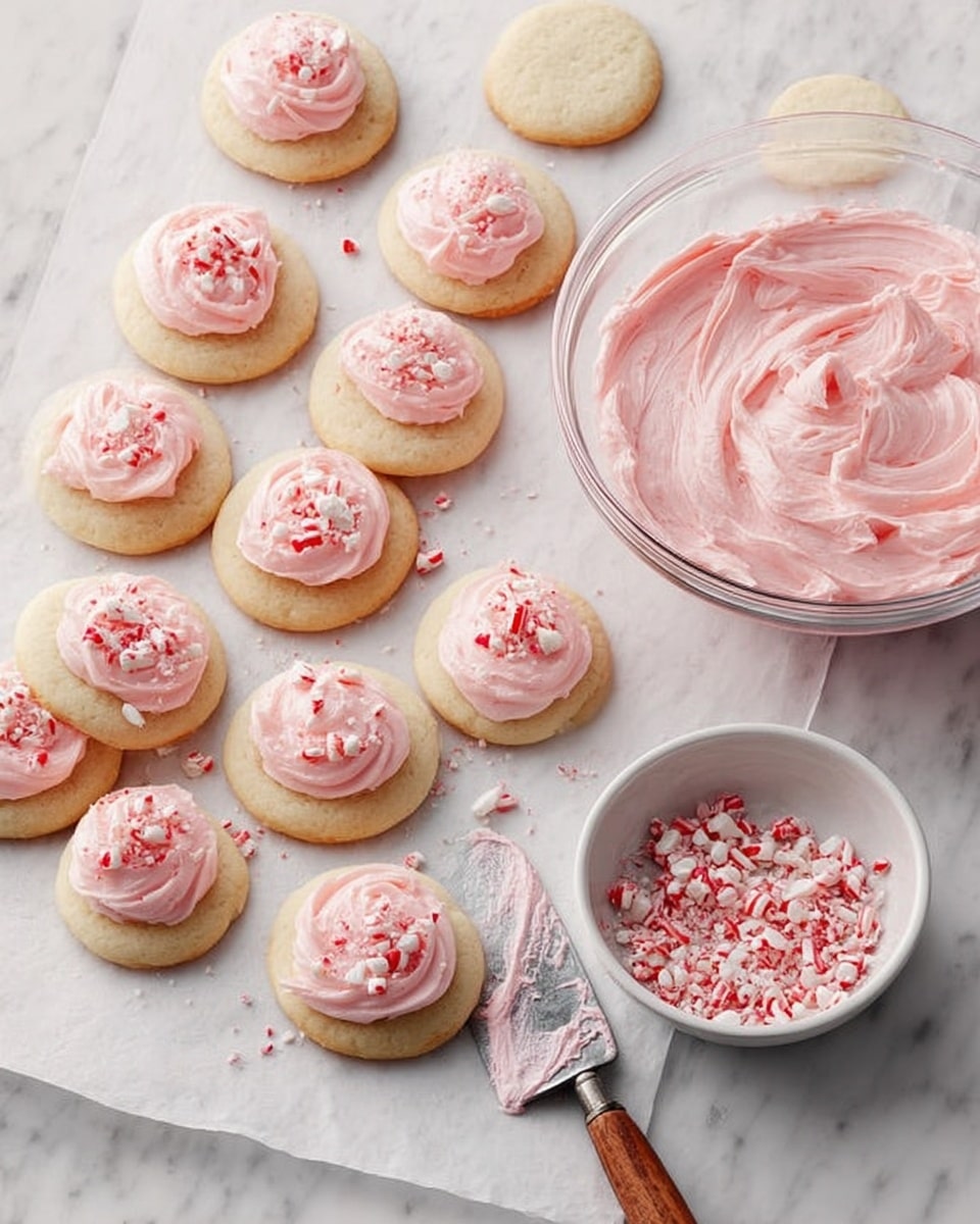 A group of small, round sugar cookies with a smooth, light beige base showing a soft texture are arranged on white parchment paper over a white marbled surface. Most cookies have a thick swirl of pale pink frosting on top, with a slightly glossy and creamy texture, sprinkled with small pieces of crushed red and white candy cane. Three cookies are plain without frosting, showing their light, soft dough color. To the right, a clear glass bowl holds a large amount of the same pink frosting, swirled smoothly. In front of it, a small white bowl contains more crushed candy cane pieces with red and white fragments. A metal spatula with a wooden handle, smeared with pink frosting, lies next to the bowls. photo taken with an iphone --ar 4:5 --v 7