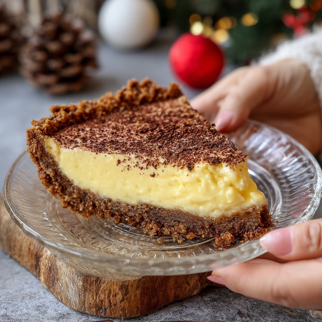 A slice of creamy pie with three visible layers: a light brown crust at the bottom, a thick pale yellow filling in the middle, and a lighter yellow top layer. On top is a mound of white whipped cream sprinkled with brown cocoa powder. The slice is on a white plate with a dusting of cocoa powder around it. The background shows soft, out-of-focus warm lights and cinnamon sticks, all set on a white marbled surface. photo taken with an iphone --ar 4:5 --v 7