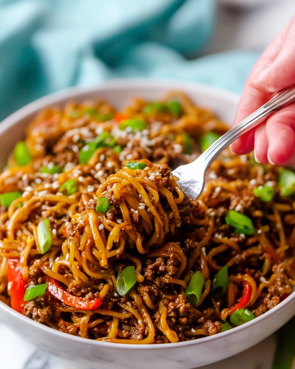 A close-up top view of a white bowl filled with cooked noodles mixed with ground meat, small pieces of red bell pepper, and topped with chopped green onions and white sesame seeds. The noodles appear brownish-orange from sauce, with a slightly glossy texture. The bowl is placed on a red and white checkered cloth, next to fresh green onions and a whole red tomato, all on a white marbled surface. photo taken with an iphone --ar 4:5 --v 7