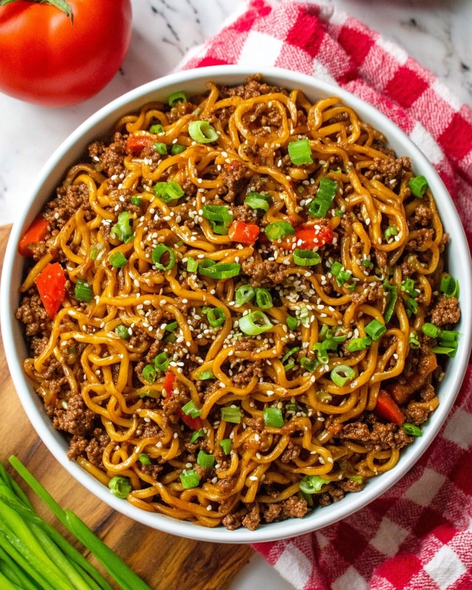 A close-up shot of a white bowl filled with stir-fried noodles mixed with small brown cooked ground meat pieces and bits of red bell pepper, all coated in a shiny dark sauce. The noodles are thin and slightly curled with a glossy texture, topped with chopped bright green scallions and sprinkled with light sesame seeds. A woman's hand holds a silver fork lifting a bite of noodles and meat from the bowl, showing the textures clearly. The setting includes a soft-focused white marbled background. photo taken with an iphone --ar 4:5 --v 7