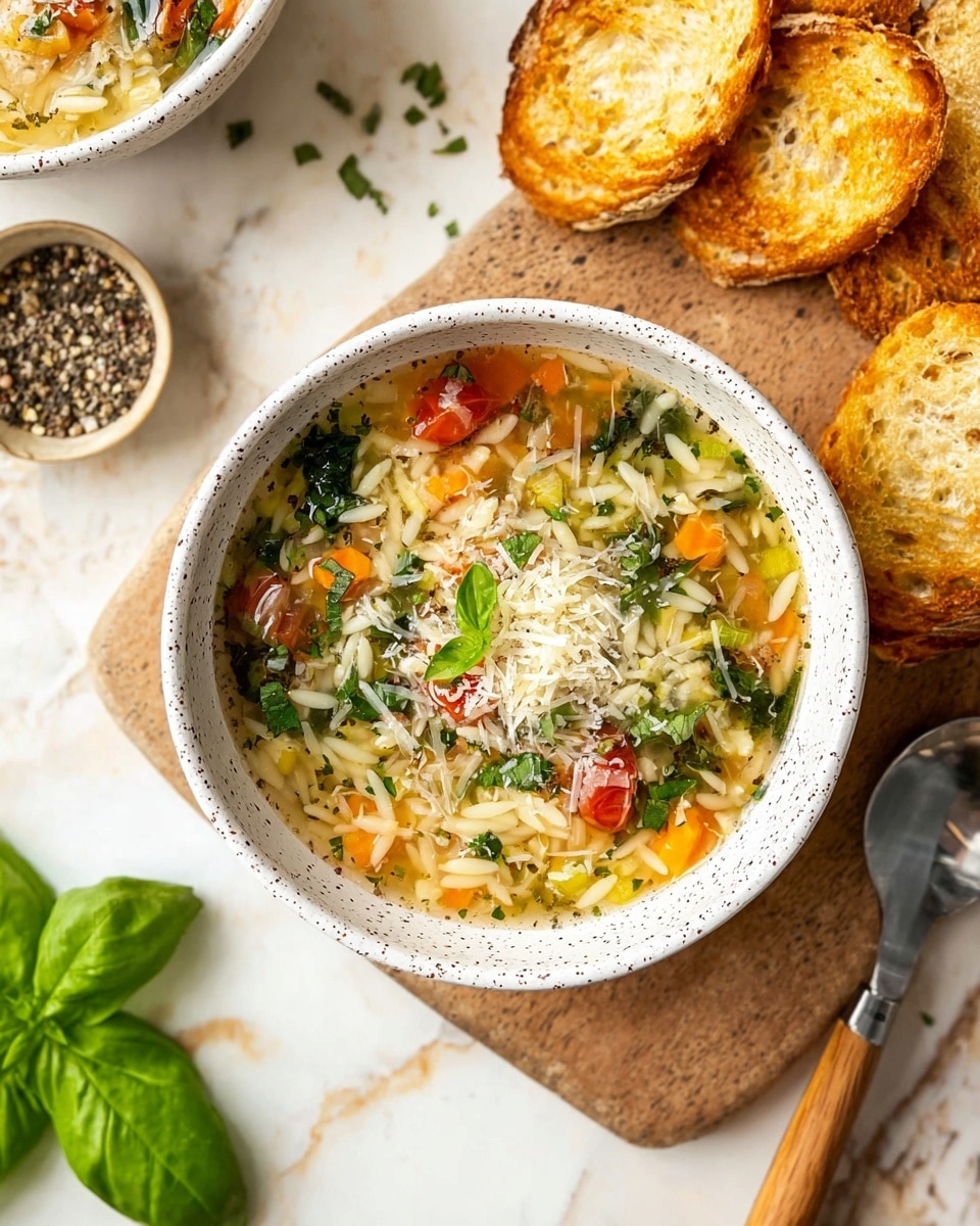 A bowl of clear broth soup filled with three main layers: the bottom layer has small diced green herbs and vegetable pieces, the middle layer contains white orzo pasta mixed with orange carrot cubes and red tomato chunks, and the top layer is sprinkled with grated Parmesan cheese and fresh green basil leaves, all floating in the broth. The bowl is a white speckled ceramic, sitting on a white marbled surface with a wooden board underneath. Around the bowl are golden-brown toasted bread slices, some basil leaves, a small dish with coarse black pepper, and a spoon with a wooden handle nearby. photo taken with an iphone --ar 4:5 --v 7