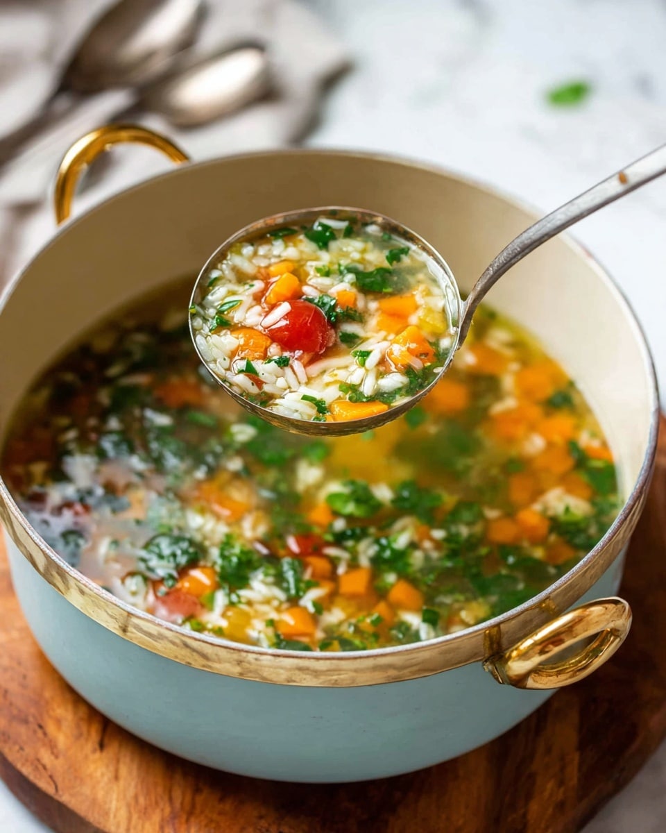 A ladle holds up a fresh vegetable and rice soup above a light blue pot with golden handles, sitting on a wooden board. The soup has clear broth with visible floating layers: small orange carrot cubes, bright green leafy herbs, bits of white rice, and halved cherry tomatoes adding red spots. The texture looks light and brothy with finely chopped vegetables spread evenly in the hot soup. The background is soft with blurred utensils, set on a white marbled surface. photo taken with an iphone --ar 4:5 --v 7