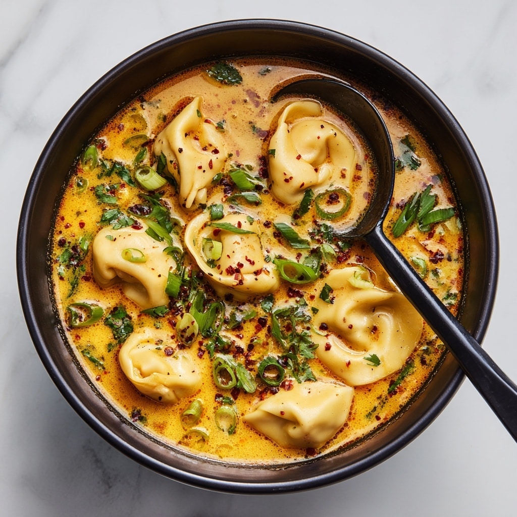 A close-up view of six light yellow tortellini floating in a rich, creamy orange broth with small red chili flakes scattered on top and fresh green herbs like chopped scallions and basil leaves adding contrast. The soup has a slightly oily texture with visible droplets on the surface. The round bowl is white with a simple design, set on a white marbled background, emphasizing the warm colors of the soup. Photo taken with an iphone --ar 4:5 --v 7