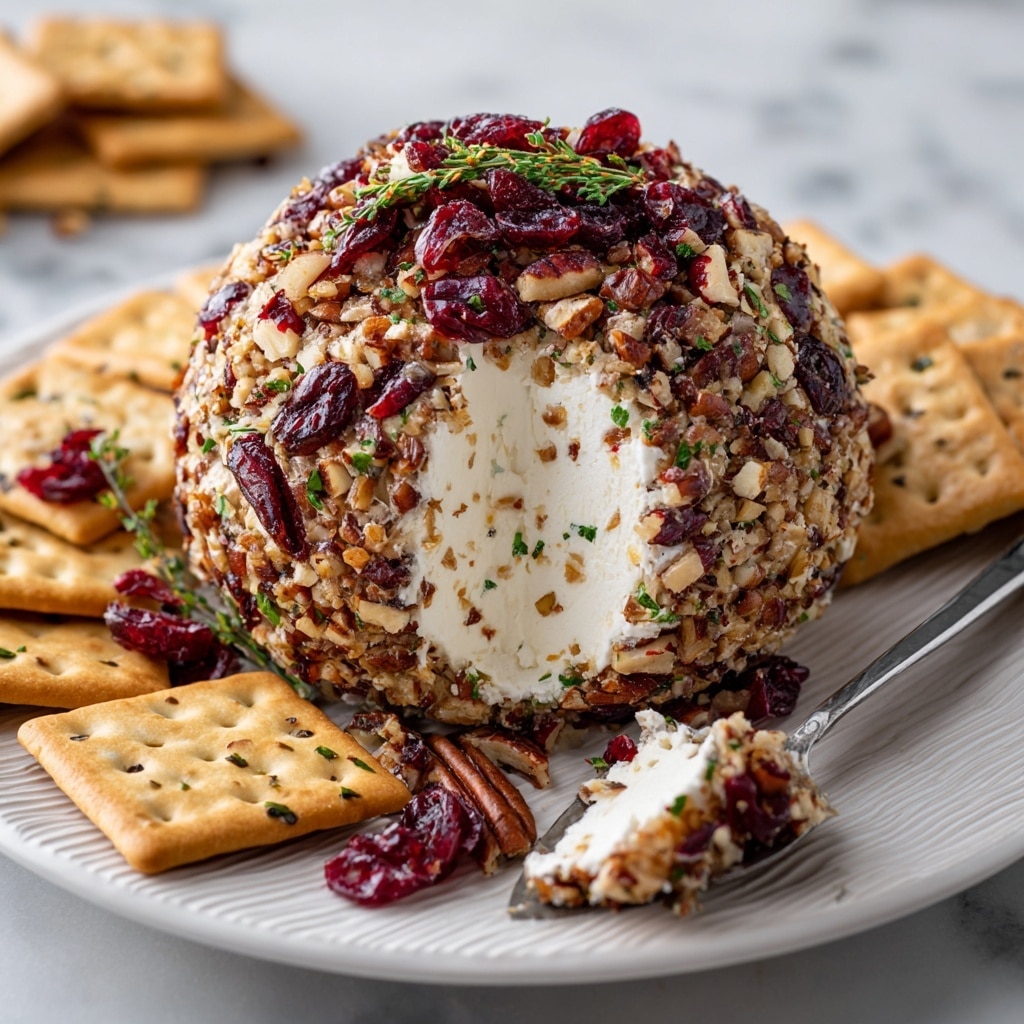 A round cheese ball covered with nuts and dried cranberries sits on a white plate, surrounded by two rows of round, light brown crackers. The cheese ball's inside is creamy white, visible where a scoop has been taken out with a gold-colored spreading knife held by a woman's hand. The texture of the cheese is smooth and soft, contrasting with the rough, crunchy nuts and cranberries coating the outside. The white marbled surface underneath adds brightness to the scene. photo taken with an iphone --ar 4:5 --v 7
