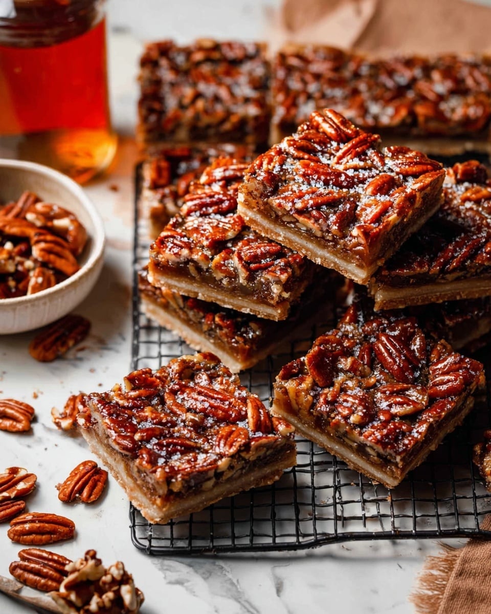 The image shows several pecan bars stacked on a black cooling rack over a white marbled surface. Each bar has two layers: a light tan, firm base layer, and a top layer densely covered with glossy, caramelized pecan halves that are clustered tightly and sprinkled with coarse salt. To the left, a small white bowl is filled with whole pecans. In the background, a bottle with amber-colored syrup is partially visible. A few scattered pecan pieces and crumbs are around the bars. The scene has a warm, cozy feel with rich brown and caramel tones. photo taken with an iphone --ar 4:5 --v 7