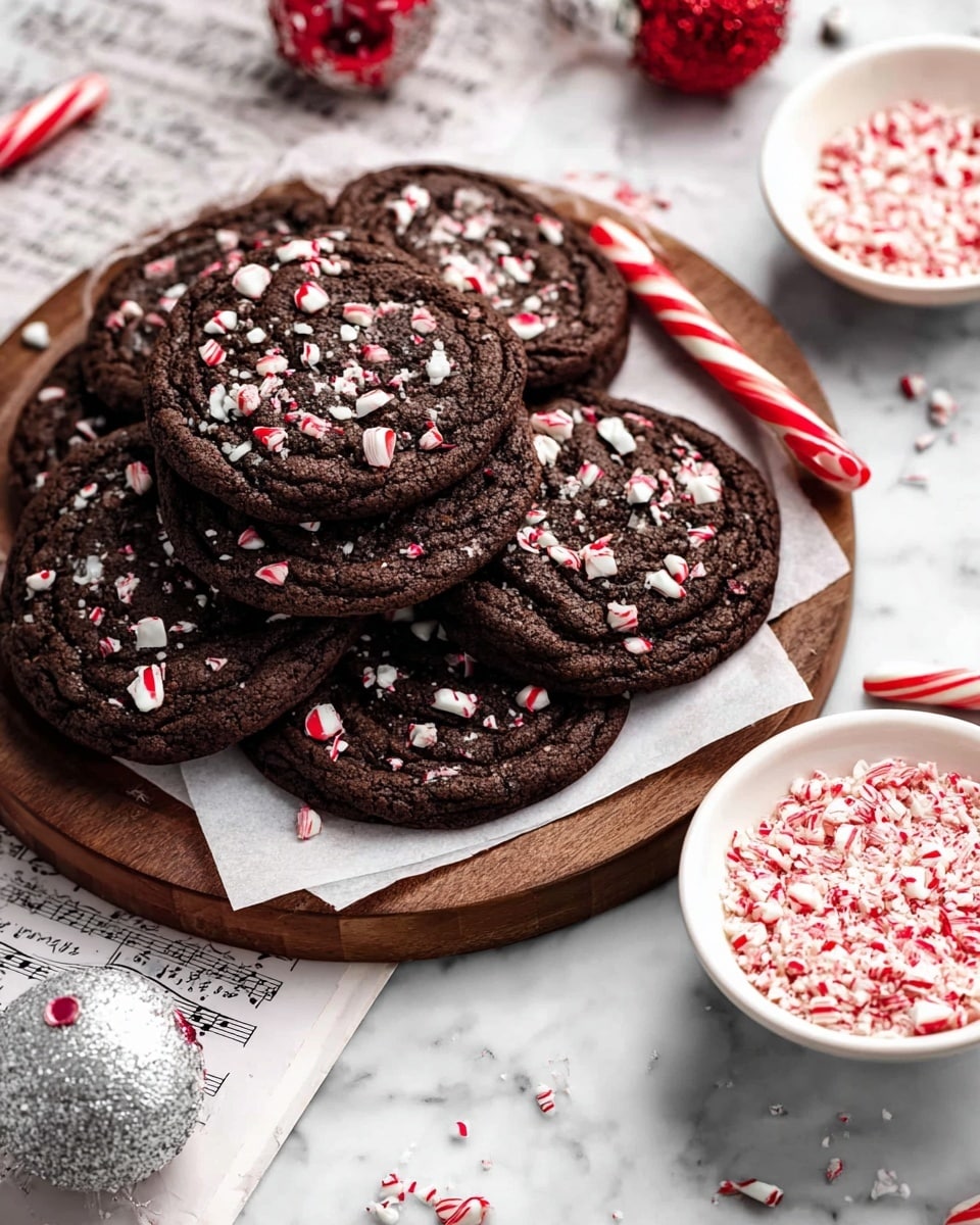 A dark chocolate cookie lies flat on a white marbled surface covered with music sheet paper, with a bite taken from its side showing a soft, chewy texture inside. The cookie is topped with small pieces of crushed, red and white peppermint candy scattered unevenly across its surface. In the blurry background, there are more cookies with similar toppings stacked, along with a white decorative tree and a red Christmas ornament on the right side. A red and white peppermint stick is placed diagonally at the bottom front of the image. Photo taken with an iphone --ar 4:5 --v 7