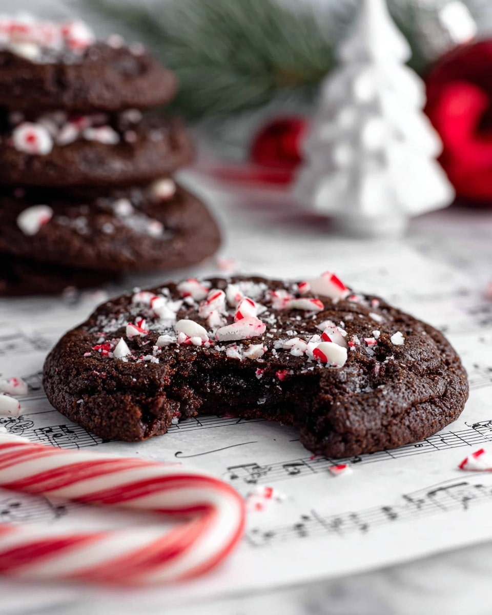 A round wooden board holds a stack of dark chocolate cookies sprinkled with small white and red peppermint candy pieces. The cookies are thick and slightly textured, arranged so some overlap. A red and white candy cane rests on top of the cookies. To the right, a white bowl has more cookies sprinkled the same way, and a small white bowl in the background is full of crushed peppermint bits. The scene is on a white marbled surface with a few Christmas ornaments and sheet music scattered nearby, adding a festive touch. photo taken with an iphone --ar 4:5 --v 7