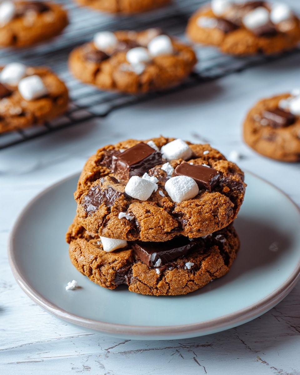 The image shows several round cookies with a rough, crumbly golden-brown texture laid out on a black cooling rack over a white marbled surface. Each cookie has a slightly cracked top with a white melted marshmallow in the center, topped with a swirled layer of smooth, shiny caramel sauce. The cookies are evenly spaced, and the caramel looks glossy and thick, creating a contrast with the matte cookie base and soft marshmallow. photo taken with an iphone --ar 4:5 --v 7