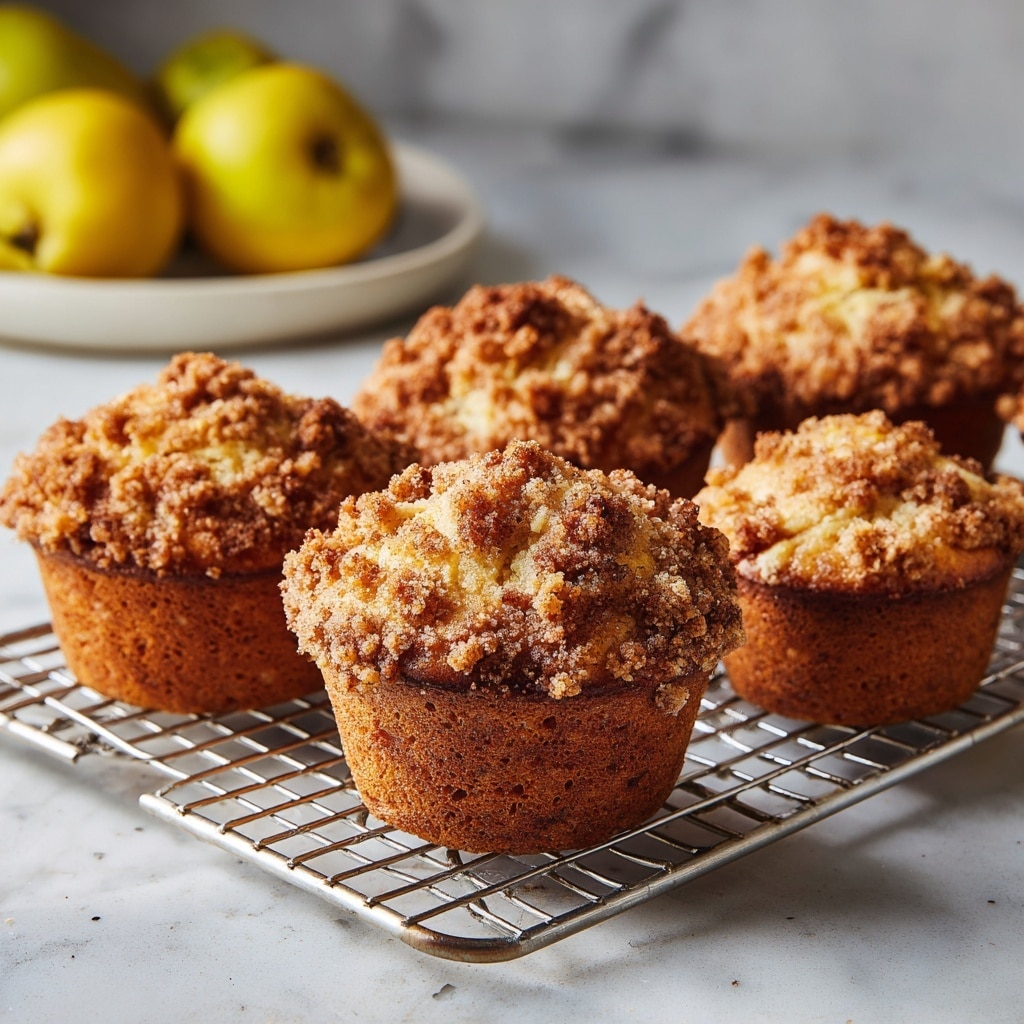 A close-up view of a single muffin with a crumbly, textured golden brown top sitting in a white paper liner, placed on a shiny ruffled orange plate. The plate rests on a striped cloth with maroon, orange, and white colors. In the blurred background, more muffins with the same crumbly texture are visible, and the surface is a white marbled texture. The muffin top has uneven granules and looks soft yet crunchy. photo taken with an iphone --ar 4:5 --v 7