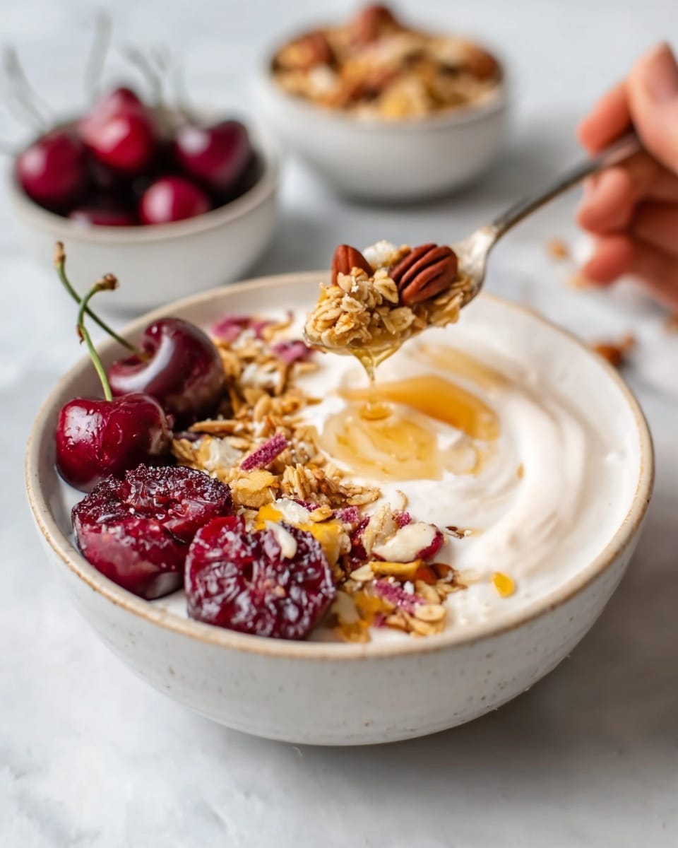 A white speckled bowl filled with a thick base layer of white cottage cheese, topped with a middle layer of glossy dark red cherries, some whole and some halved, scattered across the surface. Interspersed among the cherries are small clusters of light brown crumbly granola or cookie bits, and thin pale beige almond slices spread evenly on top. A light drizzle of golden honey glistens over everything, and a small sprig of green thyme adds a fresh touch on one side. The bowl sits on a white marbled surface with a beige cloth nearby and a few loose whole cherries and crackers around it. photo taken with an iphone --ar 4:5 --v 7