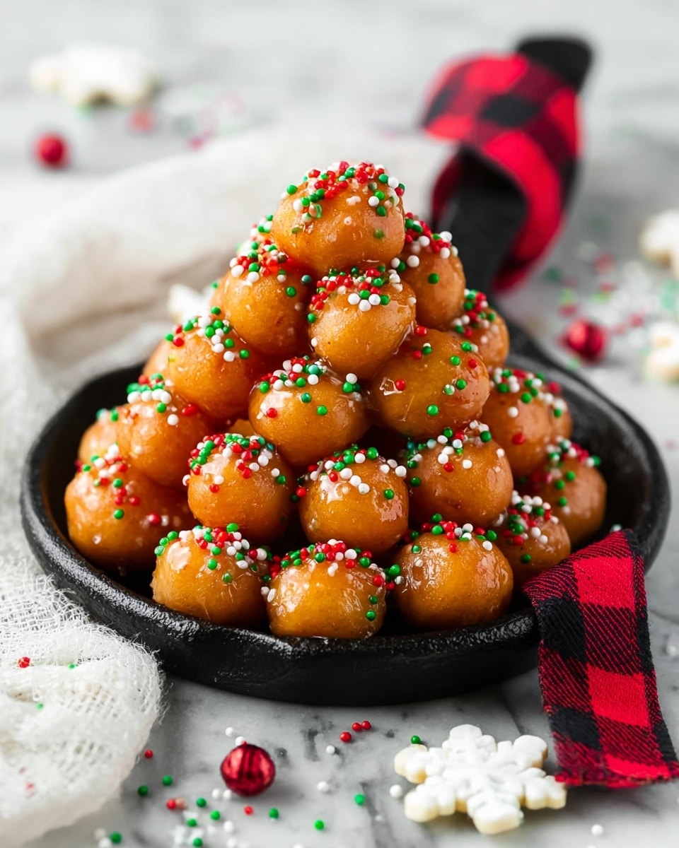 The image shows two black cast iron pans filled with round, orange balls coated in a shiny glaze and sprinkled with small red, green, and white round sprinkles. Each pan has a festive red and black checkered ribbon tied around its handle. The pans sit on a white marbled surface scattered with white snowflake-shaped sprinkles. To the right, part of a large white bowl filled with the same orange balls is visible. On the left side, a white sheer fabric adds softness to the scene, with a bowl of red, green, and white round sprinkles placed near it. Photo taken with an iphone --ar 4:5 --v 7