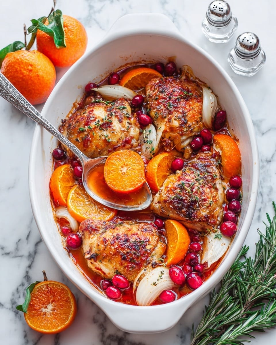 An oval white ceramic baking dish holds four browned chicken thighs as the top layer, each sprinkled with dried herbs. Underneath and around the chicken, slices of bright orange tangerines and wedges of white onion are scattered, adding contrast with their juicy and soft textures. The bottom layer is a reddish-orange sauce with whole red cranberries floating in it, creating a glossy, rich look. A large silver spoon rests inside the dish, lifting a slice of cooked tangerine soaked in the sauce. Fresh rosemary and whole tangerines with green leaves sit near the dish on a white marbled surface, alongside clear salt and pepper shakers. Photo taken with an iphone --ar 4:5 --v 7