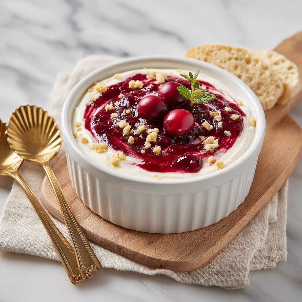 A white scalloped bowl filled with a creamy white base, topped with swirls of bright red fruit sauce unevenly spread across the surface. The dish is sprinkled generously with chopped light green nuts and some crushed red flakes, adding texture and color contrast. The bowl rests on a wooden board placed on a white marbled surface, with small white bowls of crushed nuts and red sauce around it. There are also a few whole red cherries near the bowl, and a textured clear glass sits to the upper right. A cream-colored cloth is casually placed near the bottom left corner. Photo taken with an iphone --ar 4:5 --v 7