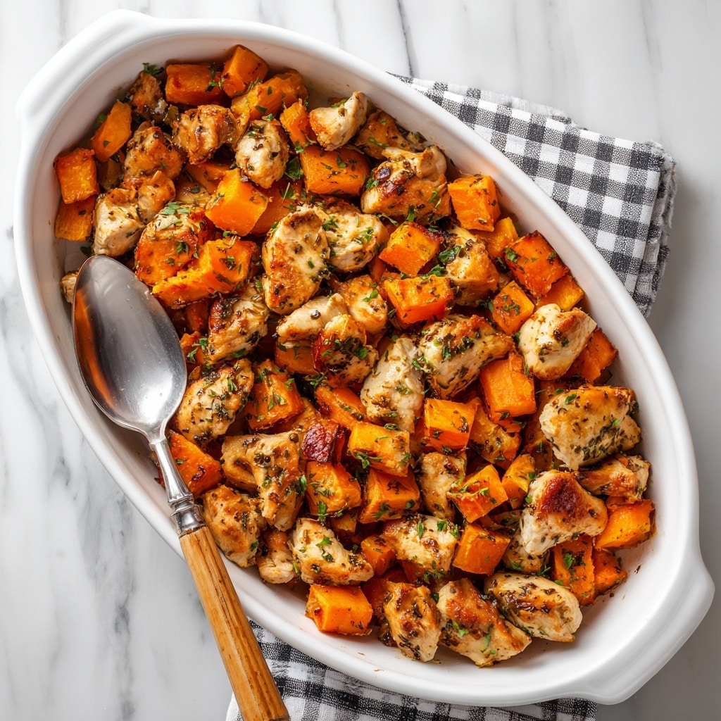 The image shows a halved yellow bell pepper stuffed with a mix of grilled chicken cubes, orange vegetable pieces, and dark red grapes or berries, all topped with chopped green herbs. The chicken pieces have a charred, slightly crispy texture and the orange vegetable pieces appear soft and roasted. The stuffed pepper sits in a black baking dish with a white marbled background. photo taken with an iphone --ar 4:5 --v 7