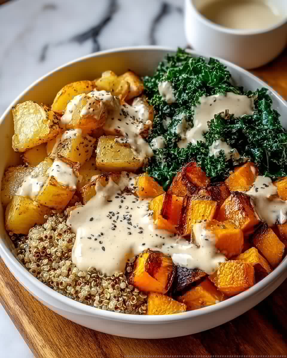 A white bowl filled with a base layer of light brown grains, likely quinoa, topped with three main layers: on the left, chunks of roasted orange sweet potatoes with a slightly charred texture; in the middle, a line of creamy beige dressing drizzled over it; on the right, chopped green kale leaves with a slightly rough texture, and small pieces of pale yellow apple or pear scattered within the bowl. The dressing is also sprinkled with small red seeds, possibly flax or chia seeds. The bowl is placed on a white marbled surface. Photo taken with an iphone --ar 4:5 --v 7